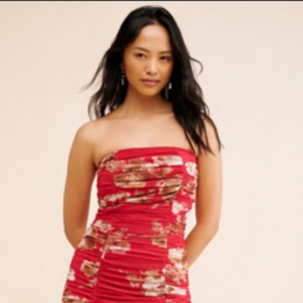 Anthropologie Red Ruched Strapless Bodycon Dress